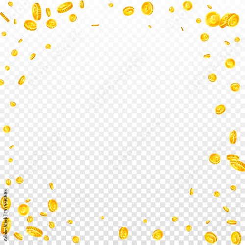 British pound coins falling. Scattered gold GBP