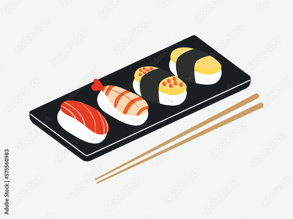 Asian food sushi on wooden board with sushi chopsticks