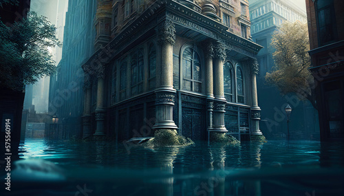 Submerged City: An Underwater Illustration of Urban Flooding. Apocalypse scenery. Generative ai