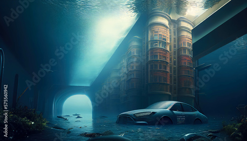 Fotografia Submerged City: An Underwater Illustration of Urban Flooding
