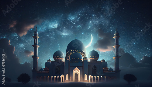 Ramadan kareem eid al-fitr background template with mosque. Generative AI.