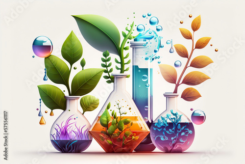 Chemistry flask with plants and molecules. Colorful concept for bio laboratory, agro engineering, science researching.  Generative AI.