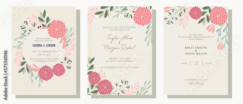 Set of wedding cards, invitations, postcards. Pink orange flowers and green leaves. Flower composition