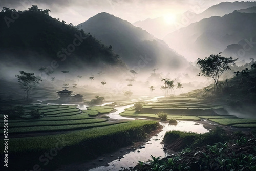 Ecosystem with rice field. Generative ai