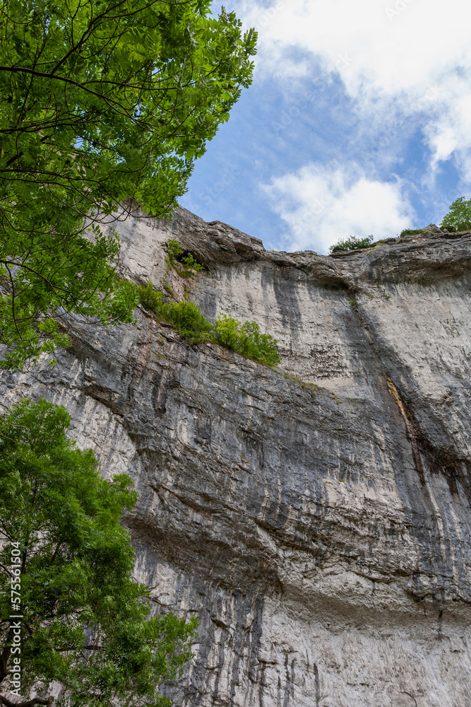 Looking up the sheer 80-metre (260 foot) high cliff face of the famous Malham Cove, North Yorkshire, UK