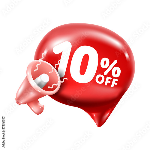 3d speech bubbles tags and megaphone with discount off 10 percent.