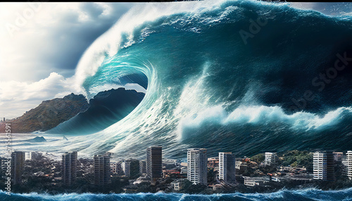 Enormous Mega Tsunami Wave approaching the city. Apocalyptic illustration. End of the world. Generative ai