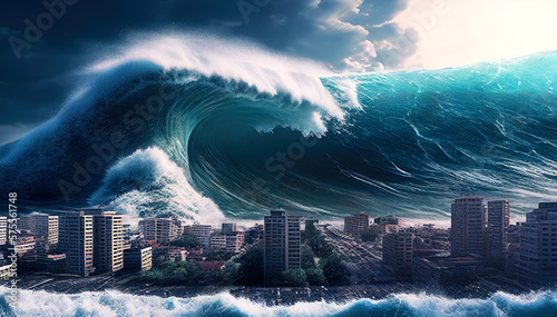 Enormous Mega Tsunami Wave approaching the city. Apocalyptic illustration. End of the world. Generative ai
