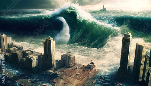 Enormous Mega Tsunami Wave approaching the city. Apocalyptic illustration. End of the world. Generative ai © BigMindOutfit