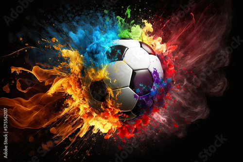 Soccer ball in colorful flame. Conceptual illustration of  champion goal  powerful game  exploding sport. Sport ball in rainbow fire.