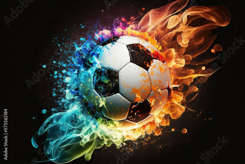 Soccer ball in colorful flame. Conceptual illustration of champion goal, powerful game, exploding sport. Sport ball in rainbow fire.