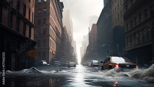 City Flood illustration. Lot of water on the streets with cars. Natural disaster. Tsunami aftermath. Generative AI