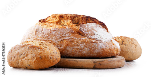 A loaf of bread and rolls isolated on white background