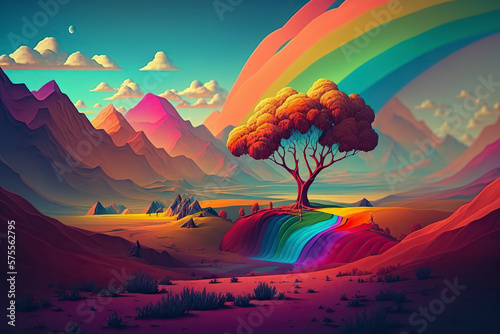 Colorful landscape. Rainbow beautiful fantastic land. Generative AI.