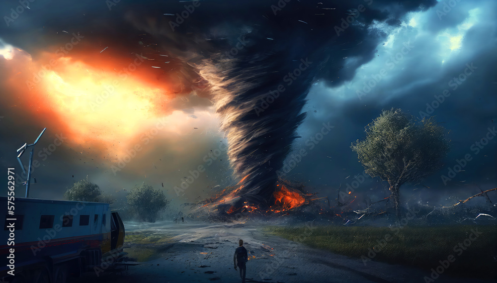 Obraz premium Giant Tornado destruction. Apocalyptic illustration, generative ai