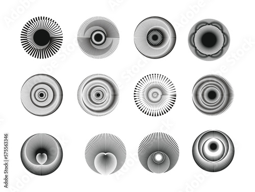 Leinwand Poster Set of circles with a black spiral on a white background and a white spiral on abstract geometric background