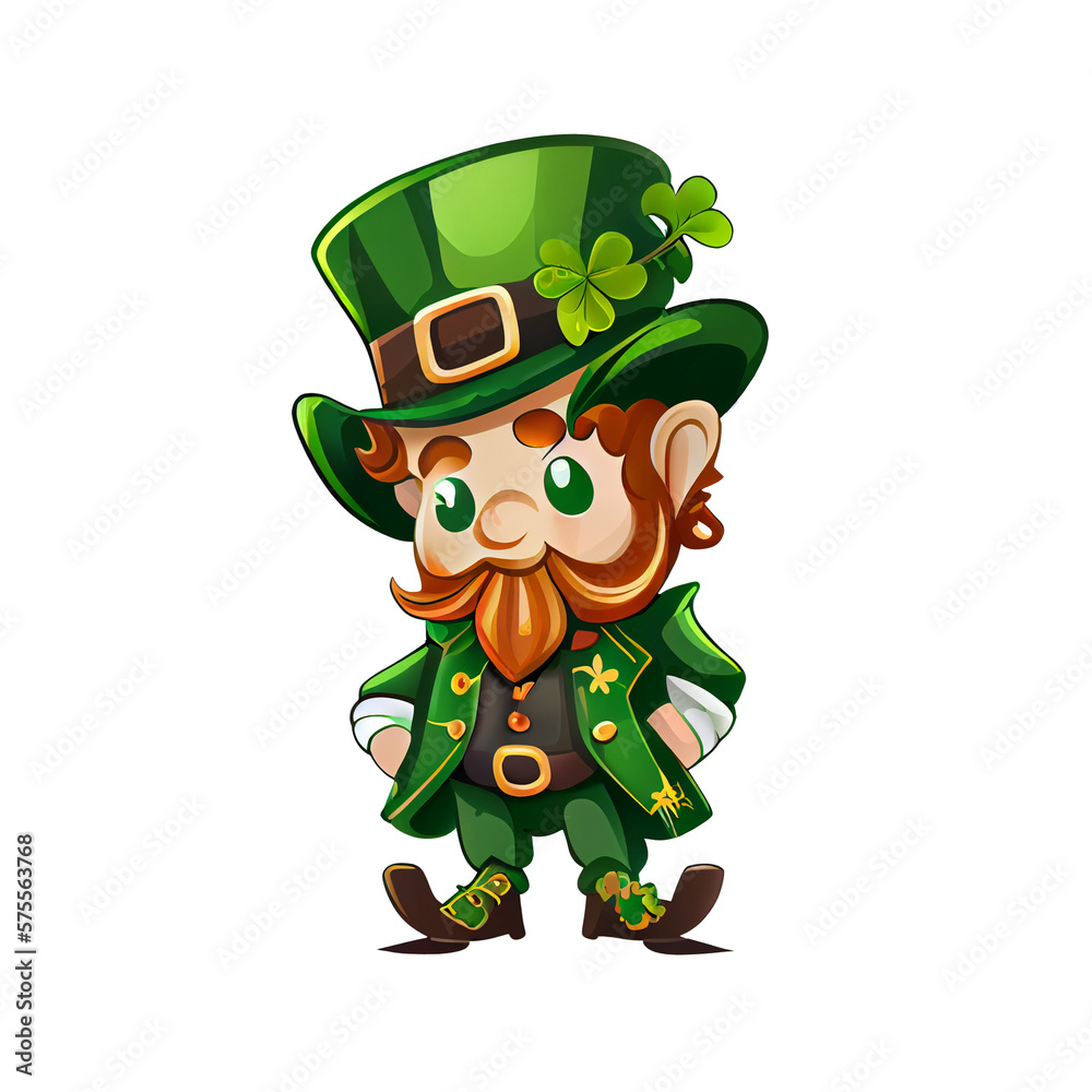 Cute Leprechaun Saint Patricks day irish cartoon and four leaf clover for St. Patrick's Day