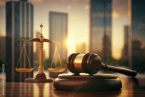 Fototapet Judicial gavel, book and scales of justice on the background of the urban landscape