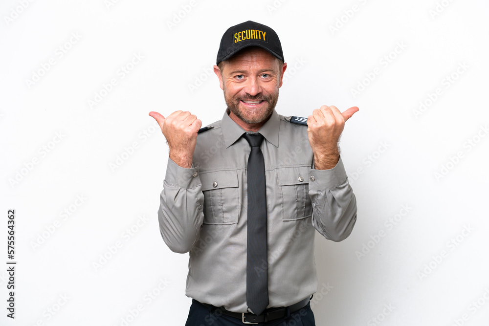 Middle age security man isolated on white background with thumbs up gesture and smiling Middle age security man isolated on white background with thumbs up gesture and smiling