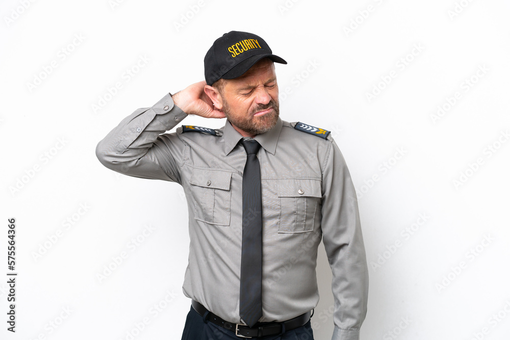 Middle age security man isolated on white background with neckache Middle age security man isolated on white background with neckache