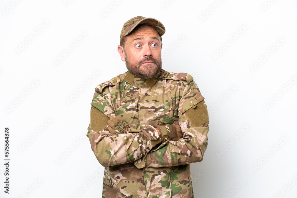 Military man isolated on white background making doubts gesture while lifting the shoulders