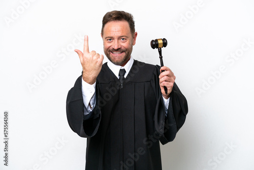 Middle age judge man isolated on white background doing coming gesture