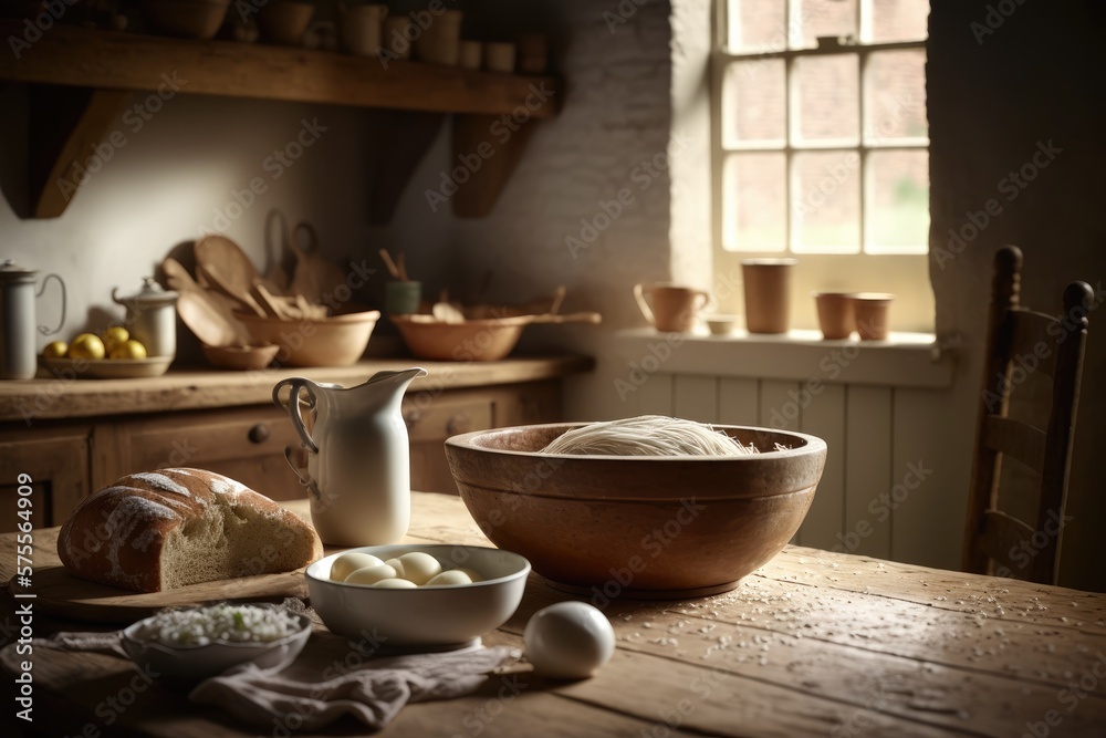 rustic kitchen with traces of bread baking