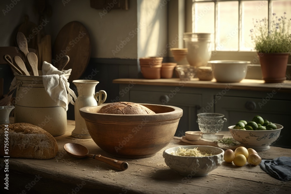 rustic kitchen with traces of bread baking rustic kitchen with traces of bread baking