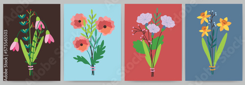 A set of bouquets with snowdrops, daffodils, roses. Rectangular templates with flowers, leaves, branches.