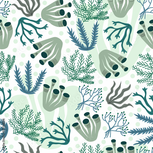 Vector hand drawn coral seamless pattern. Underwater seaweeds. Wrapping paper, print, textile, fabric. Wildlife. Nature. Sea, ocean, lake background.