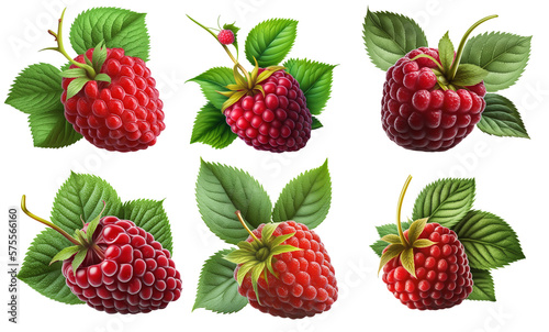 Six different beautiful red blackberries on a transparent background  Generative AI