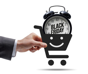 Black Friday sale: customer holding a shopping cart icon with alarm clock