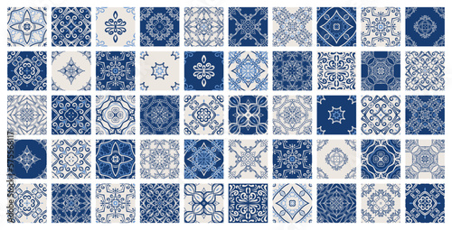 Vintage tile patterns set. Seamless blue and white background with flower design