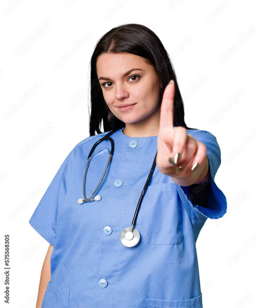 Young nurse woman isolated showing number one with finger. Young nurse woman isolated showing number one with finger.