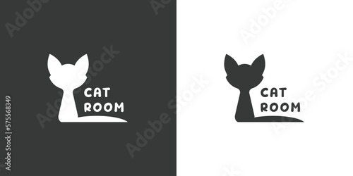 Cat space or room logo design illustration flat silhouette concept of a sitting cat and a simple minimalist doorknob. Vector symbol of a pet room Useful in the pet house business. 