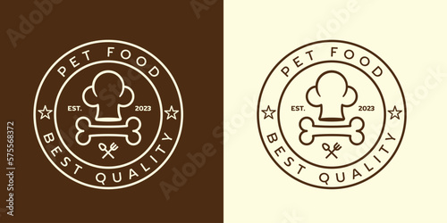 Pet food logo design illustration Flat concept of a simple minimalist emblem badge label In a circle, a chef's hat and a bone icon vector symbol idea useful for dog and cat food businesses