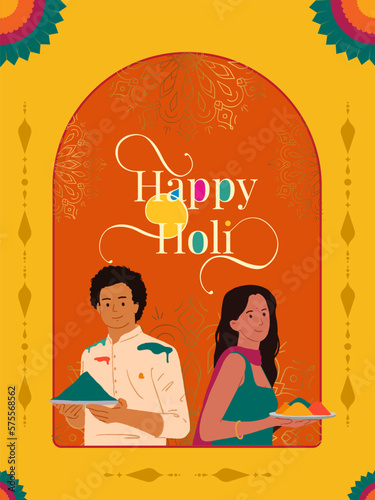 Happy Holi text with Indian couple playing colorful Holi festival design template for website banner, social post, invitation card, and poster design