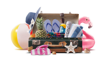 Beach accessories and vintage suitcase
