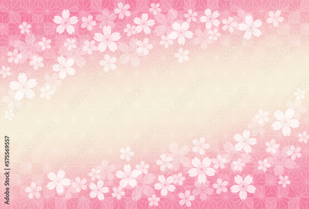 桜の花と麻の葉模様と市松模様の和紙の背景