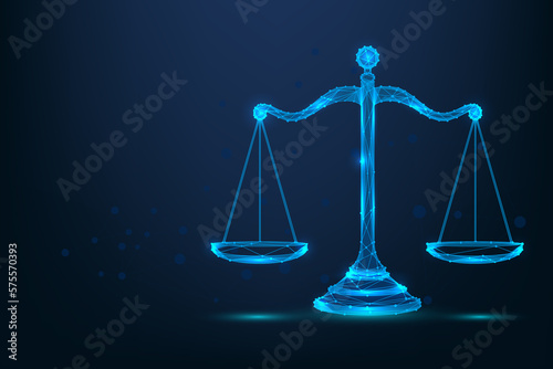 Abstract mesh line and point scales of justice symbols. Low poly wireframe law judgement concept. Polygonal futuristic illustration