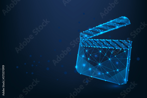 Abstract mesh line and point clapperboard. Low poly wireframe Film production concept. Polygonal filmmaking, movie director equipment illustration.