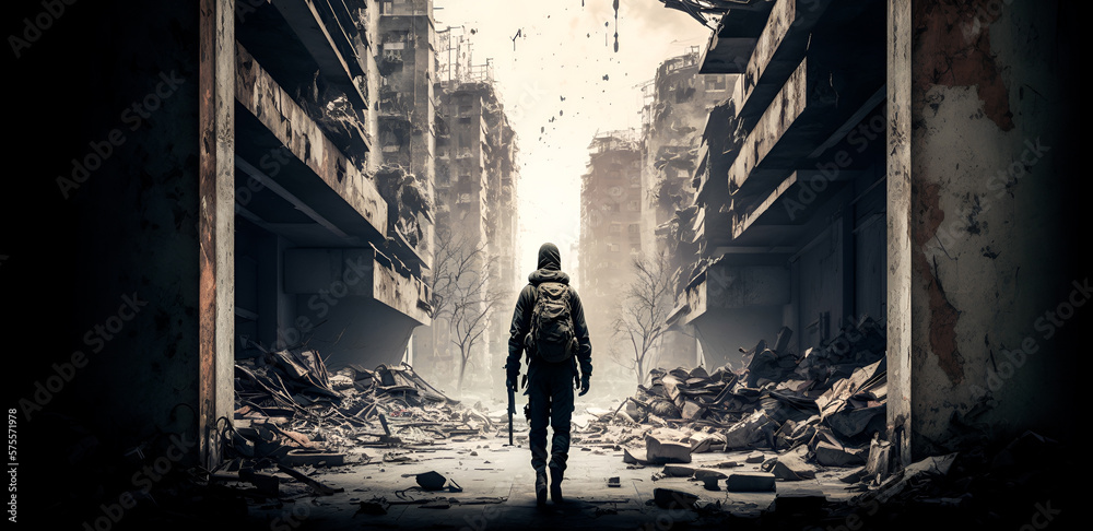 Soldier in the background of War-torn city with broken buildings. Street of the bombed-out city. Generative AI Soldier in the background of War-torn city with broken buildings. Street of the bombed-out city. Generative AI