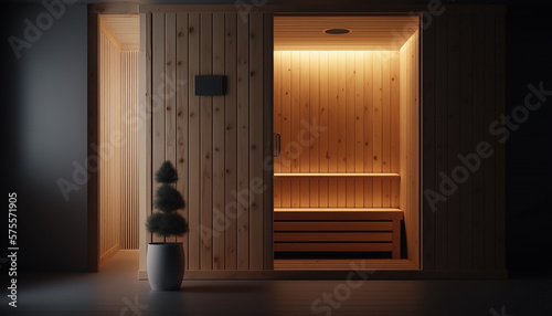 Modern warm, wooden empty sauna, Generative AI