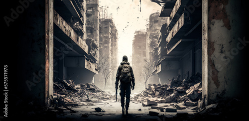 Soldier in the background of War-torn city with broken buildings. Street of the bombed-out city. Generative AI © zakiroff