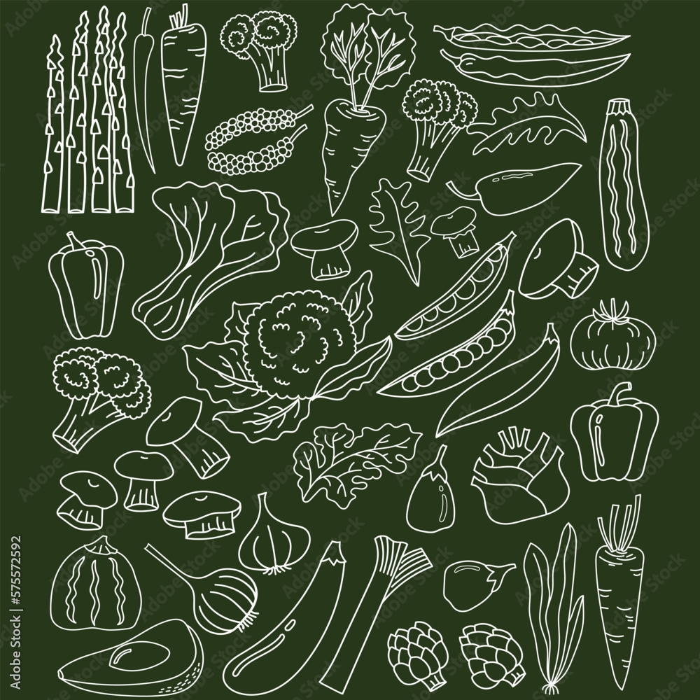 Hand drawn fresh vegetable collection in doodle art style on dark green background