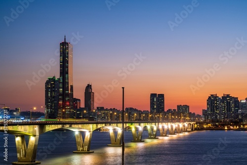Cityscape night view of Yeouido  Seoul at sunset time