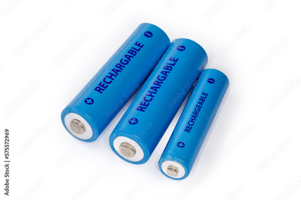 Rechargeable nickel metal hydride batteries different sizes on white background Rechargeable nickel metal hydride batteries different sizes on white background