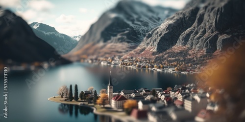 Stunning Beauty of a Mountainous Town by a Crystal Clear Lake through Tilt Shift Photography on a Sunny Day, generative ai