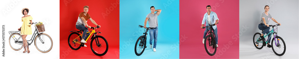 Collage with photos of people with bicycles on different color backgrounds Collage with photos of people with bicycles on different color backgrounds