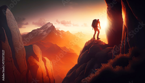 A Striking Illustration of a Man Climbing a Majestic Mountain at Sunset. Generative ai © BigMindOutfit